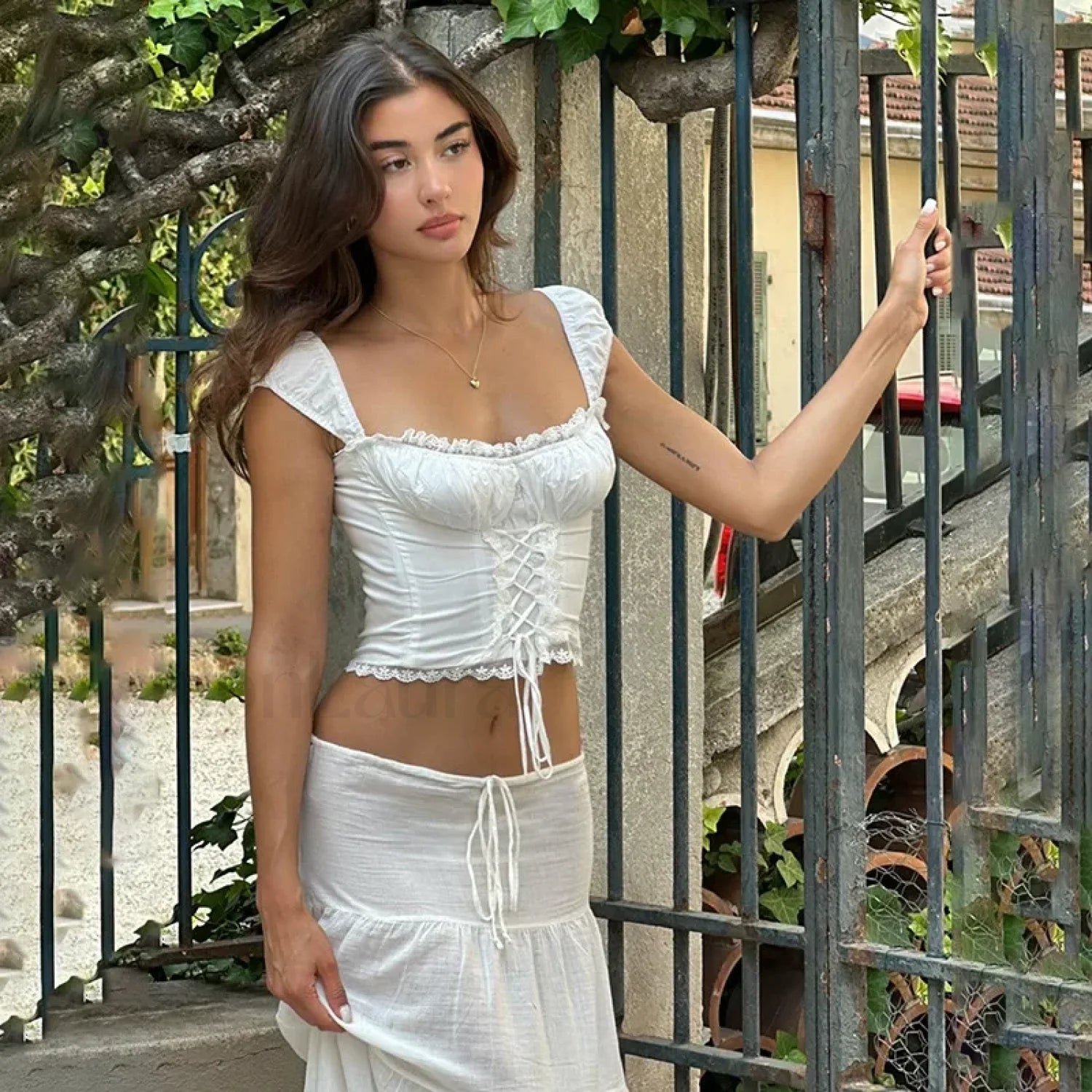 Y2K Lace Tie Front Dress Two Piece Set Main image