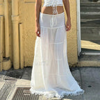 Y2K Lace Tie Front Dress Two Piece Set white skirt / S