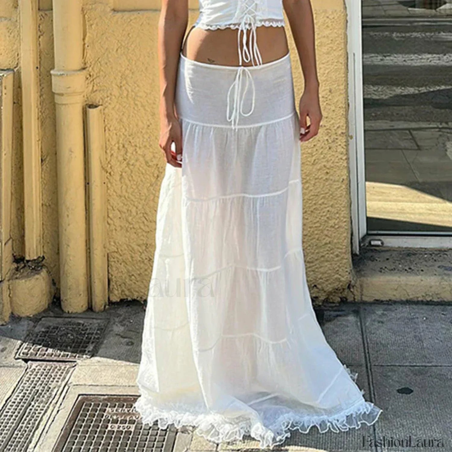 Y2K Lace Tie Front Dress Two Piece Set white skirt / S
