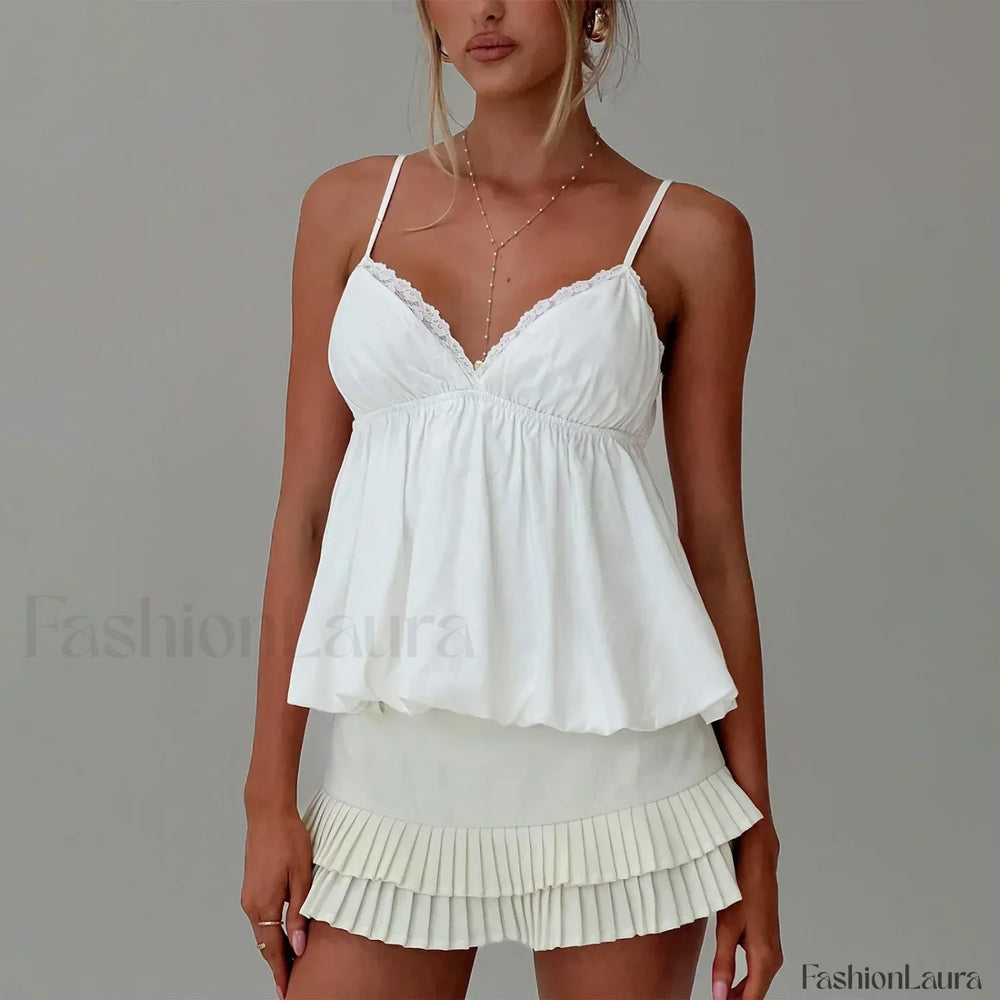 Y2K Lace Trim Flare Crop Top Two Piece Set White / S