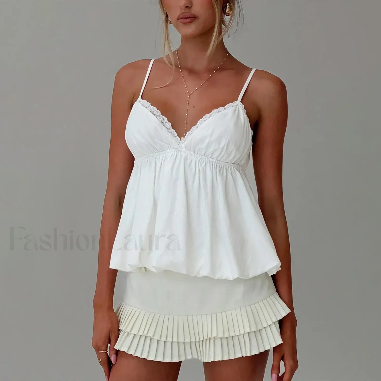 Y2K Lace Trim Flare Crop Top Two Piece Set White / S Main image