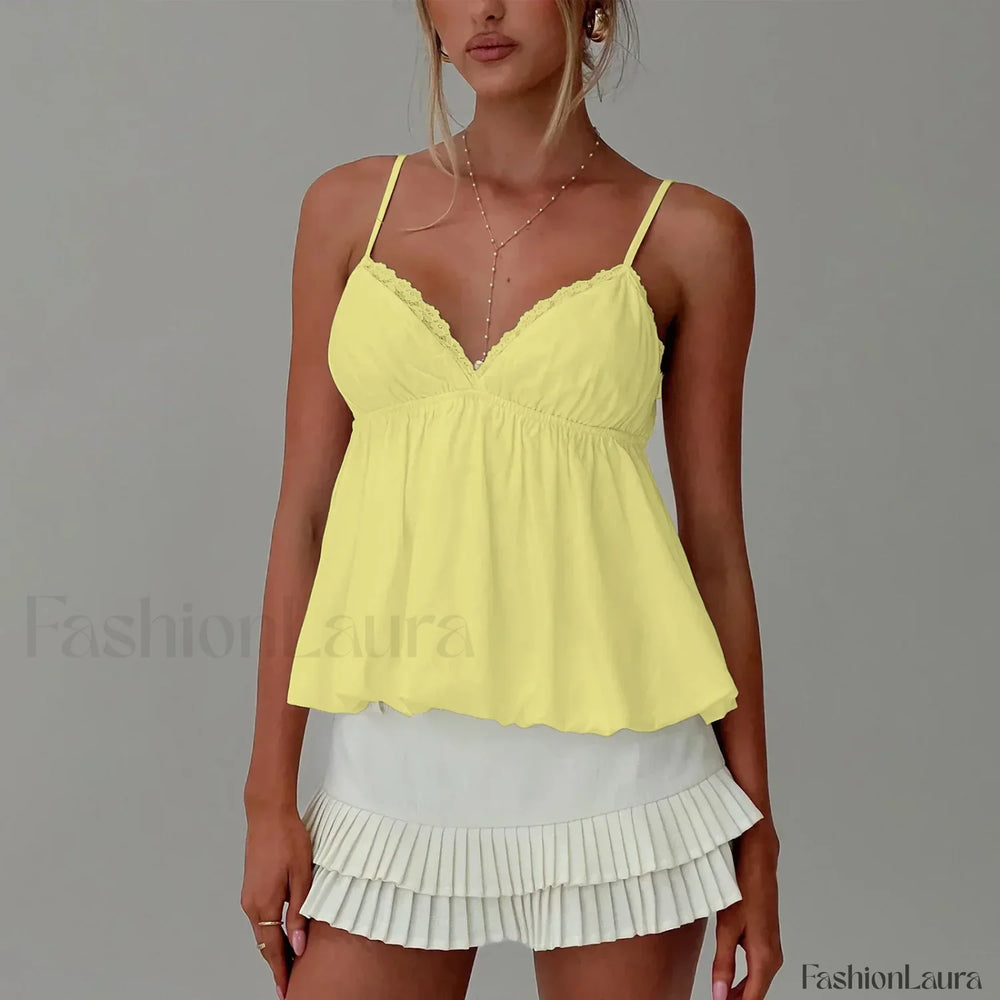 Y2K Lace Trim Flare Crop Top Two Piece Set Yellow / S