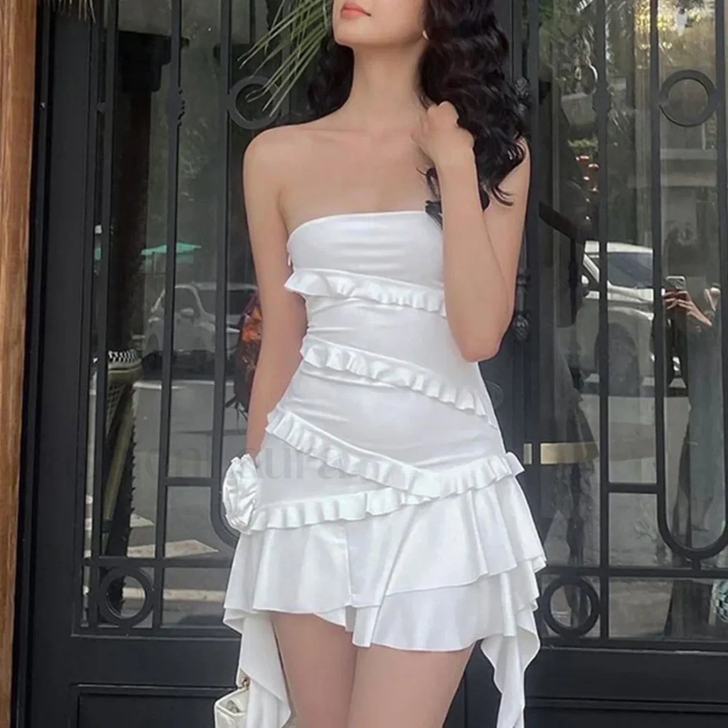 Y2K Off Shoulder Strapless Ruffle Hem Mini Floral Dress Main image