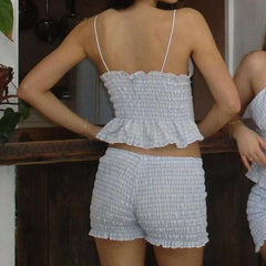 Y2K Plaid Front Button V Neck Camis Crop Top Mini Shorts Two Piece Set