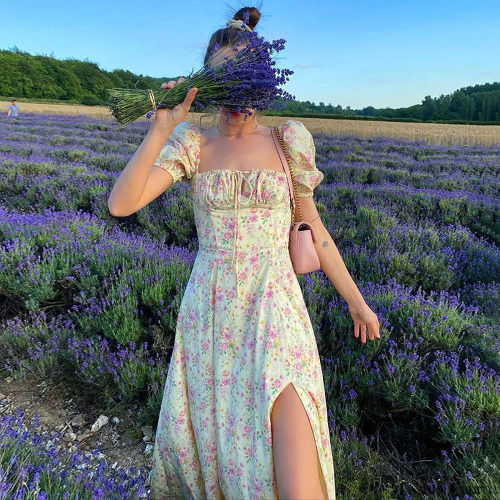 Y2K Retro Bodycon Floral Print Puff Sleeve Dress High Split Floral Dress