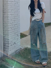Y2K Retro Ripped Straight Leg High Waist Jeans