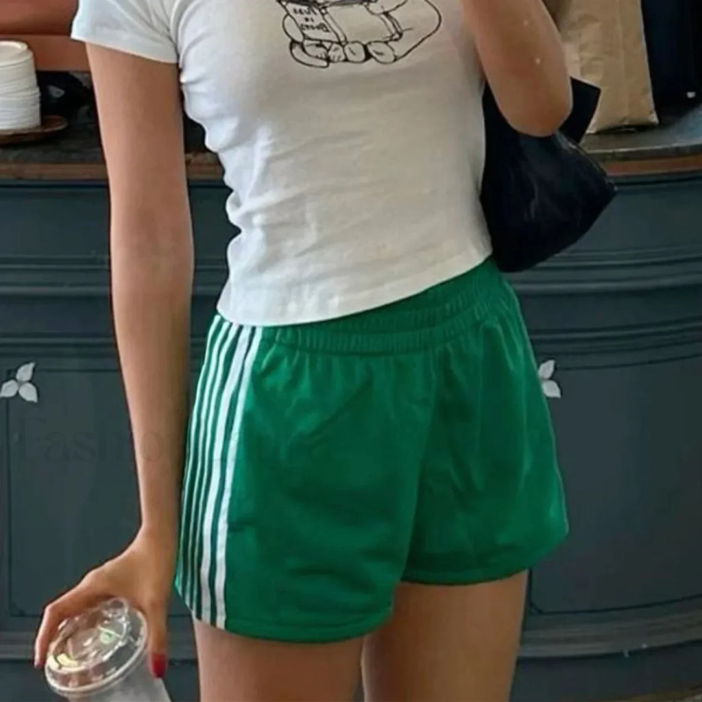 Y2K Retro Striped Patchwork Loose Elastic Waist Short green / S