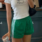 Y2K Retro Striped Patchwork Loose Elastic Waist Short green / S