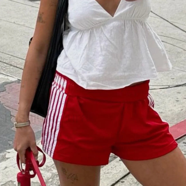 Y2K Retro Striped Patchwork Loose Elastic Waist Short red / S Main image