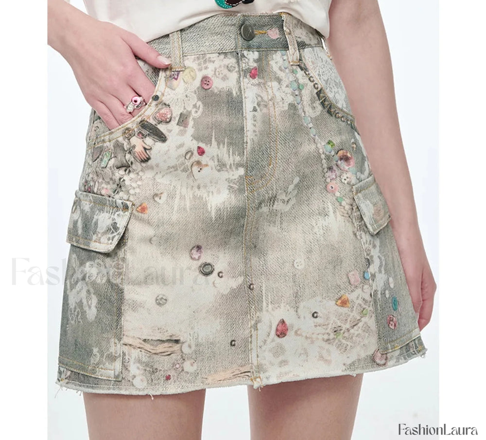 Y2K Ripped Pockets Mini Skirt Gray / S