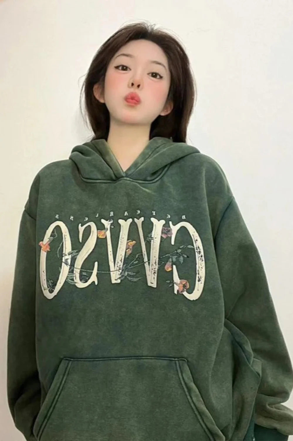 Y2K Style Printed Hooded Hoodie Green / M
