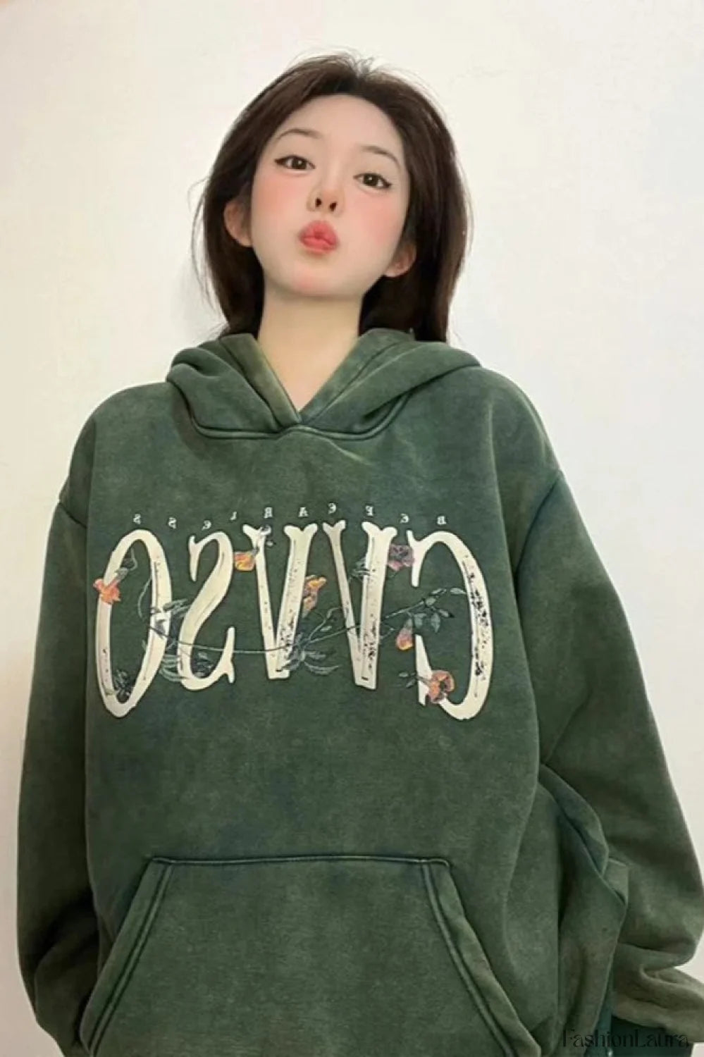 Y2K Style Printed Hooded Hoodie Green / M