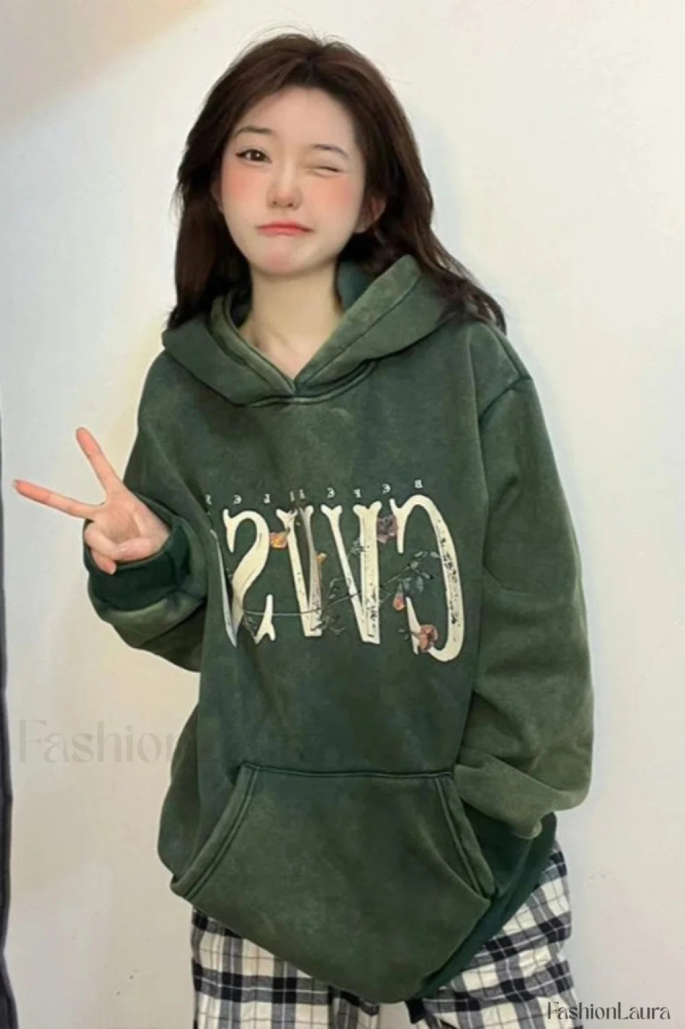 Y2K Style Printed Hooded Hoodie Green Plus Velvet / M