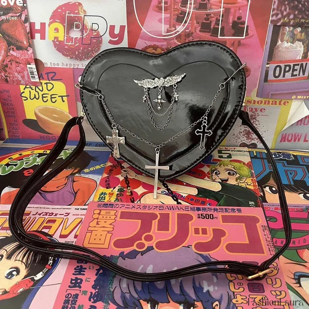 Y2K Subculture Women Cross Heart Shaped Punk Gothic Shoulder Bag Black / 18x17x5cm