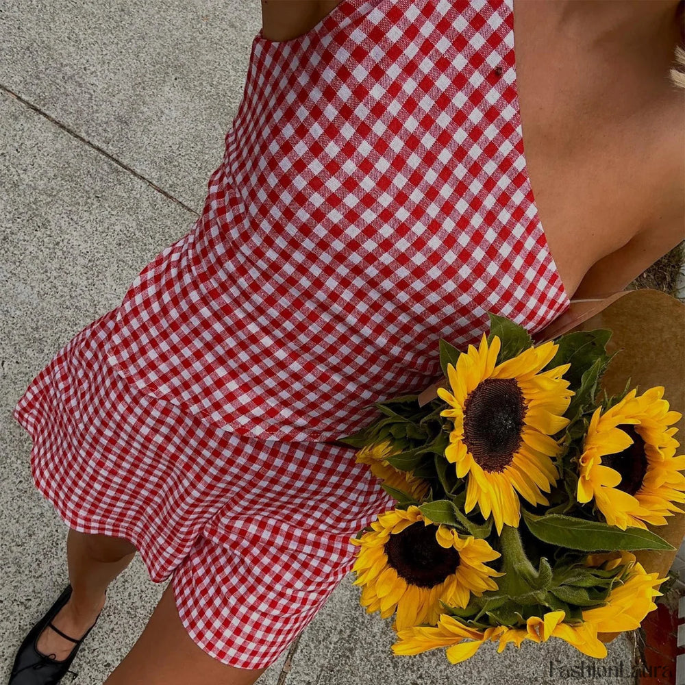 Y2K Vintage Plaid One Shoulder Tank Tops High Waist Shorts Two Piece Set