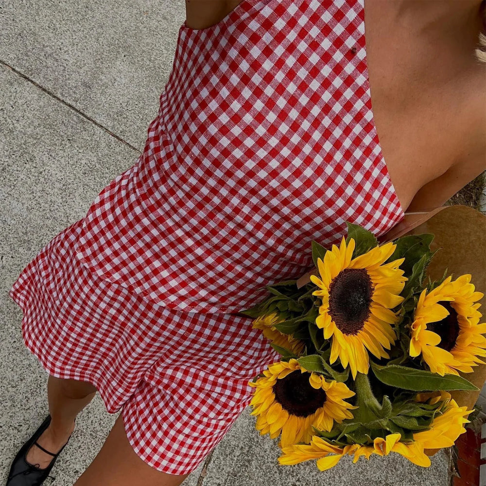 Y2K Vintage Plaid One Shoulder Tank Tops High Waist Shorts Two Piece Set