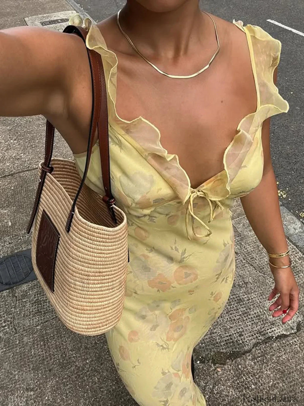 Yellow Camisole Floral Dress Slim Fit Fairycore Floral Dress