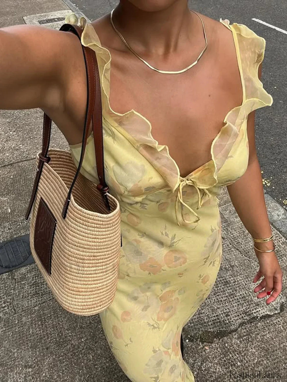 Yellow Camisole Floral Dress Slim Fit Fairycore Floral Dress