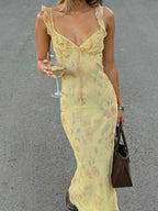 Yellow Camisole Floral Dress Slim Fit Fairycore Floral Dress