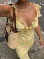 Yellow Camisole Floral Dress Slim Fit Fairycore Floral Dress