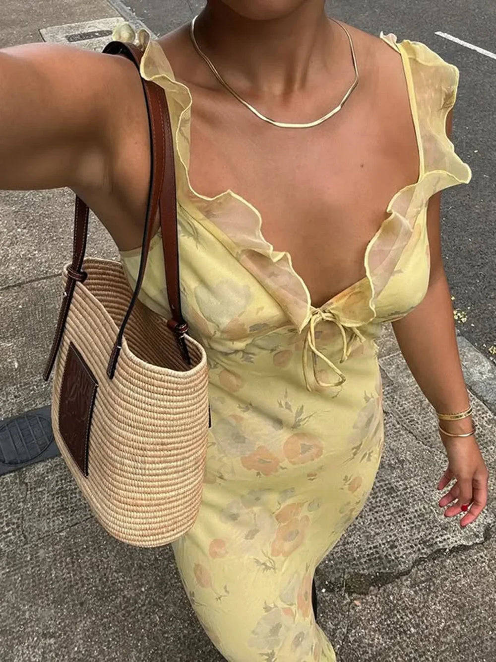 Yellow Camisole Floral Dress Slim Fit Fairycore Floral Dress