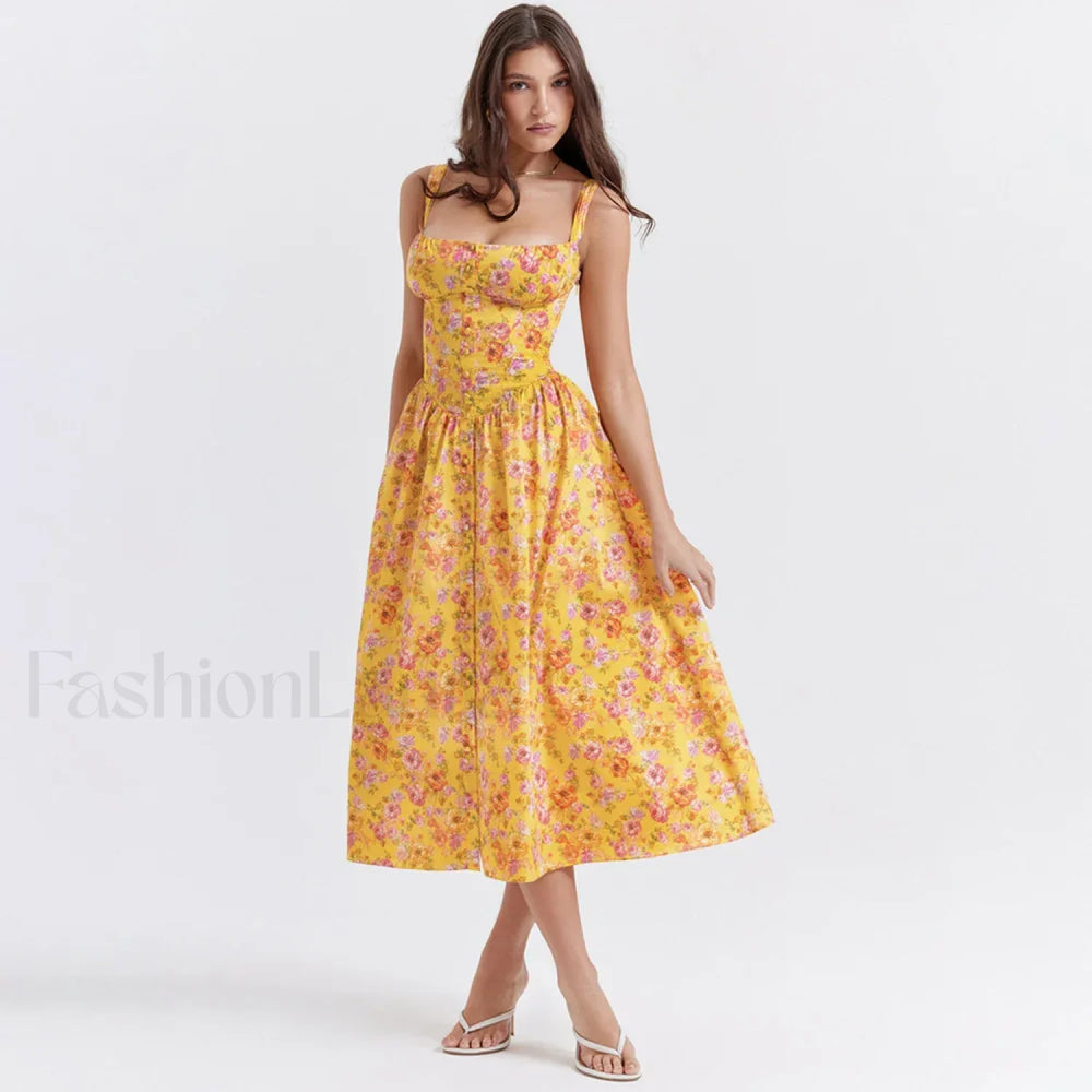 Yellow Lace Up Pocket Floral Dress