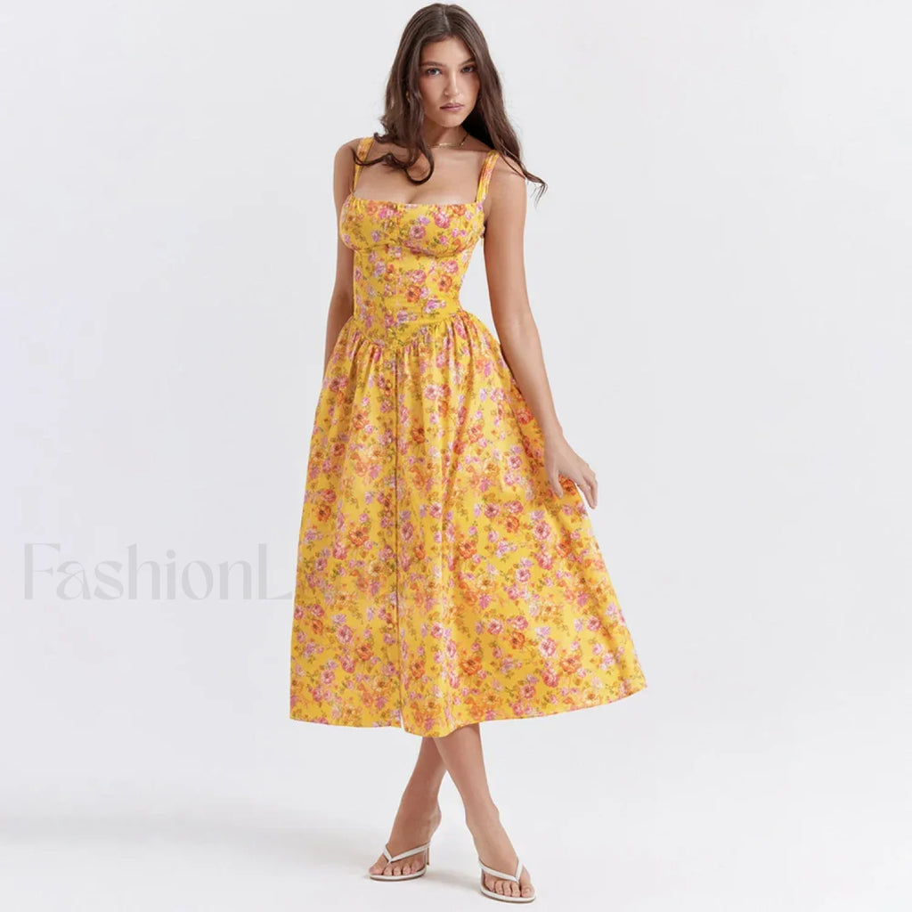 Yellow Lace Up Pocket Floral Dress Yellow / XS