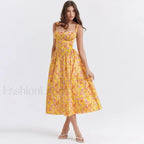 Yellow Lace Up Pocket Floral Dress Yellow / XS