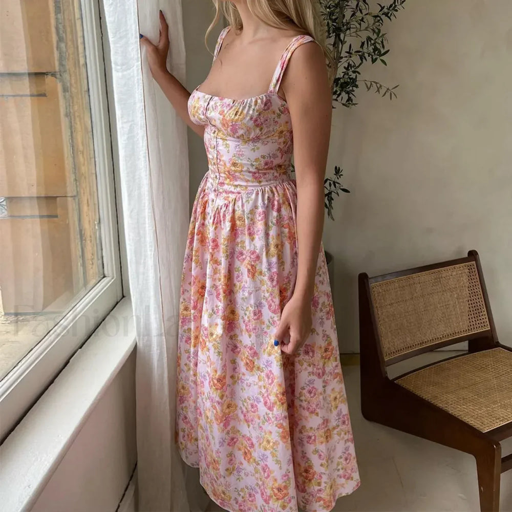 Yellow Lace Up Pocket Floral Dress Pink / XS
