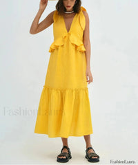 Yellow Linen Ruffle Midi Dress Yellow / S