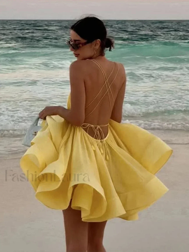 Yellow Pleated Lace Up Mini Dress Yellow / S Main image