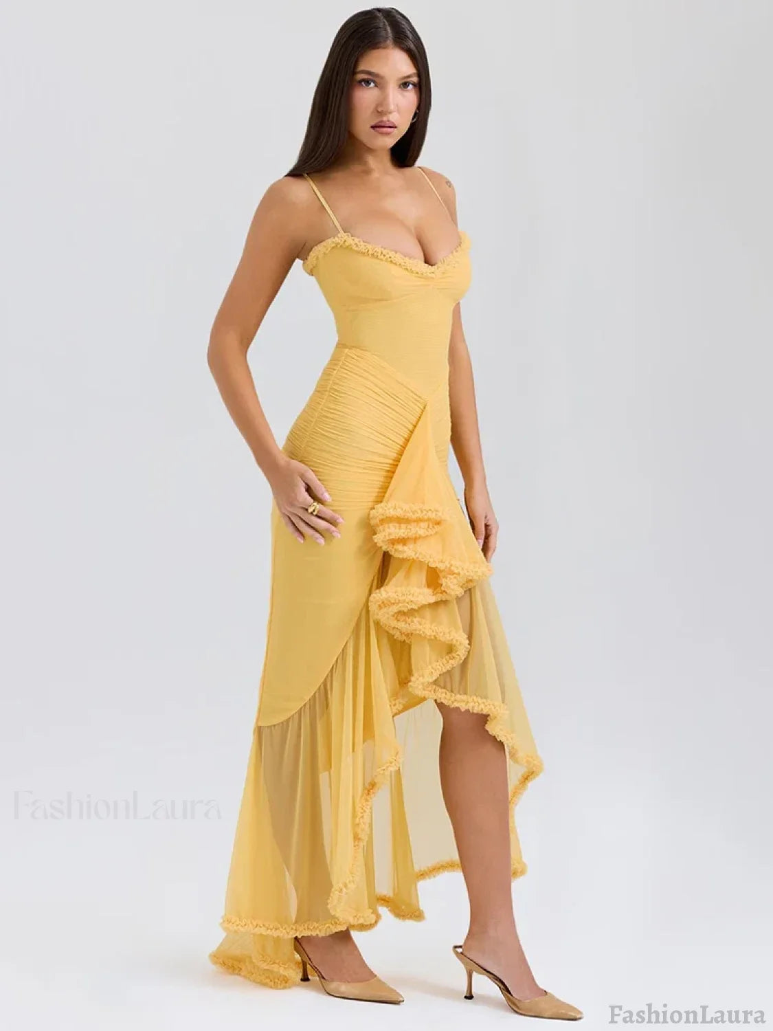 Yellow Ruffled Spaghetti Midi Dress Secondary image