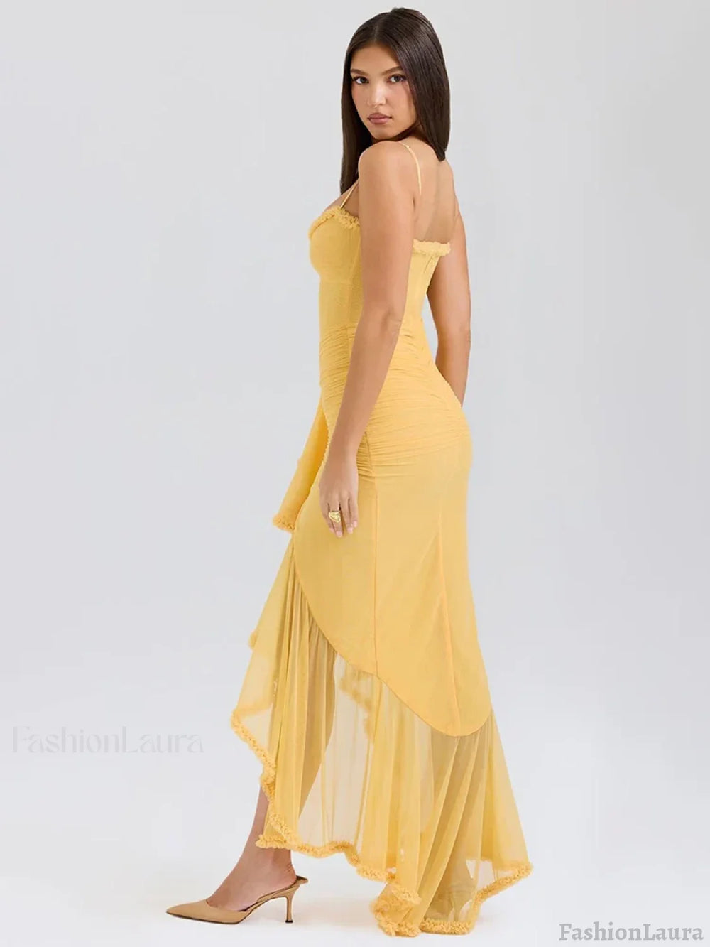 Yellow Ruffled Spaghetti Midi Dress