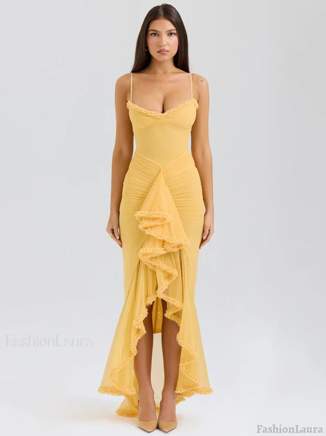 Yellow Ruffled Spaghetti Midi Dress Orange / XS Main image