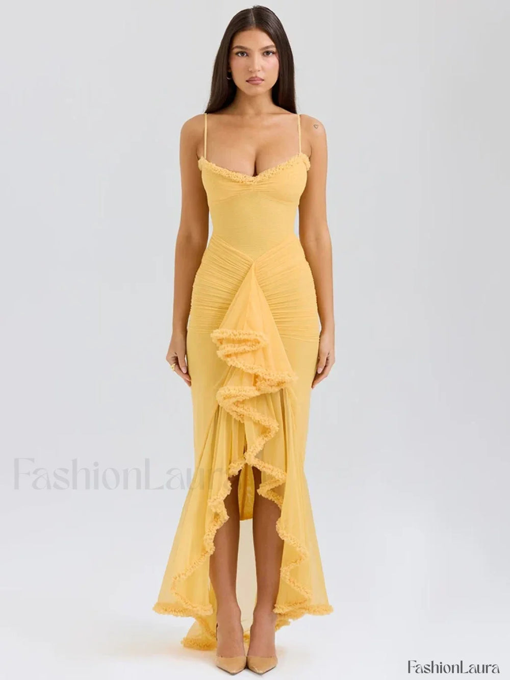 Yellow Ruffled Spaghetti Midi Dress Orange / XS