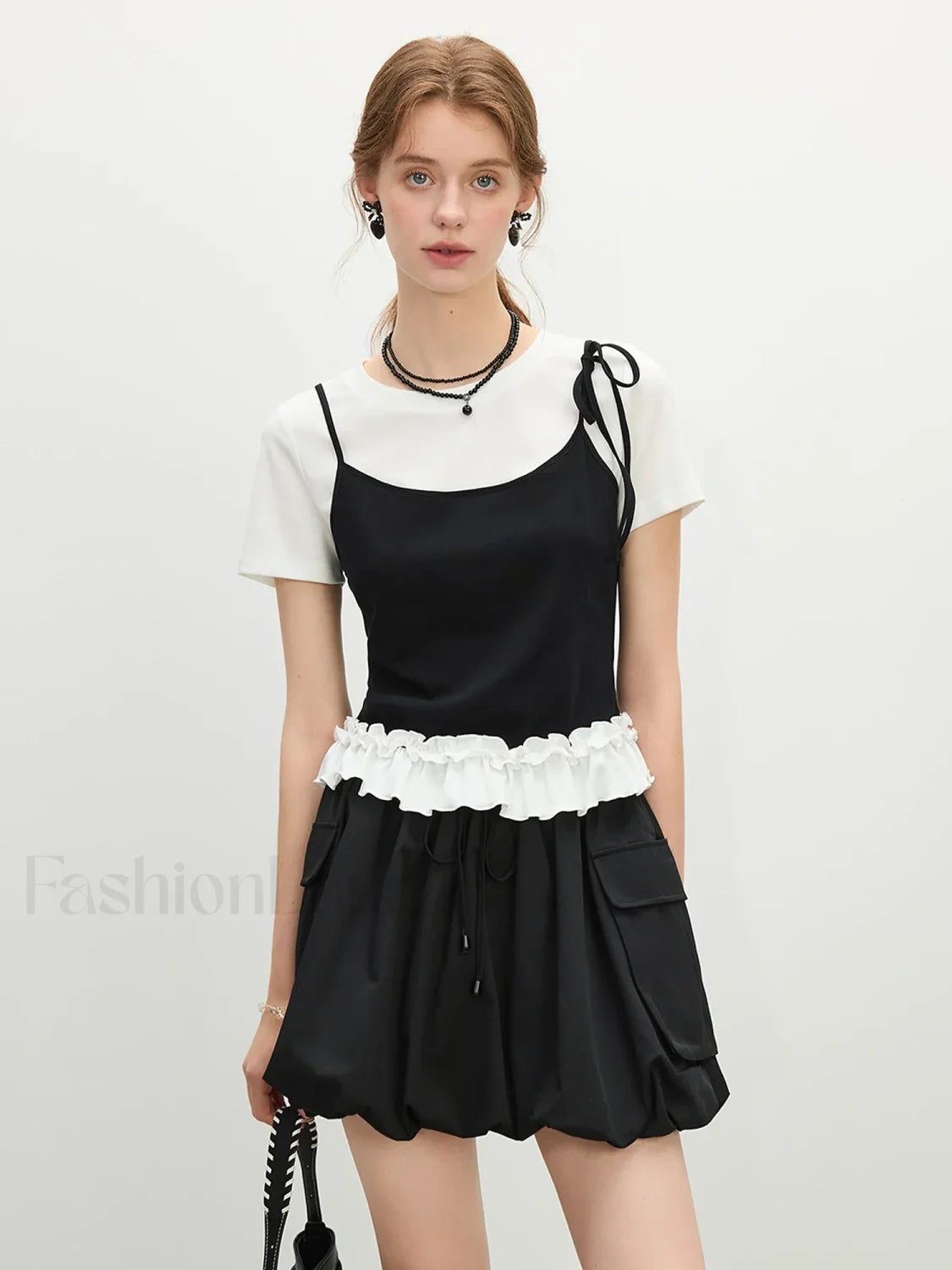Youthful Tiered Hem Cotton Blend T Shirt Black / XS Main image