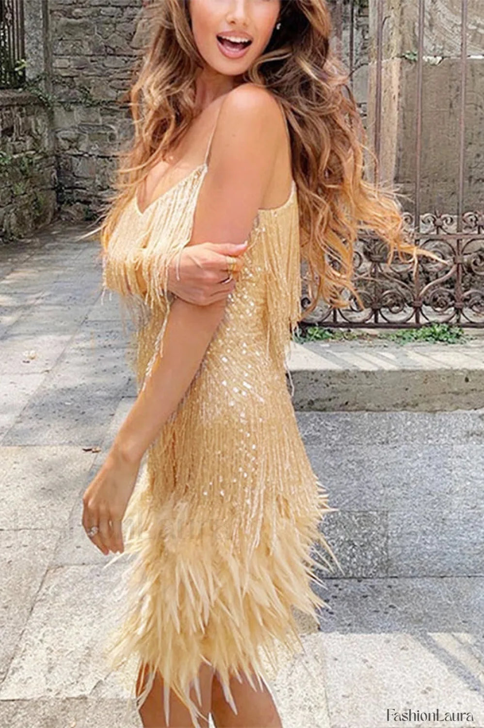 Yvonne Sequin Stylish Feather Cocktail Dress