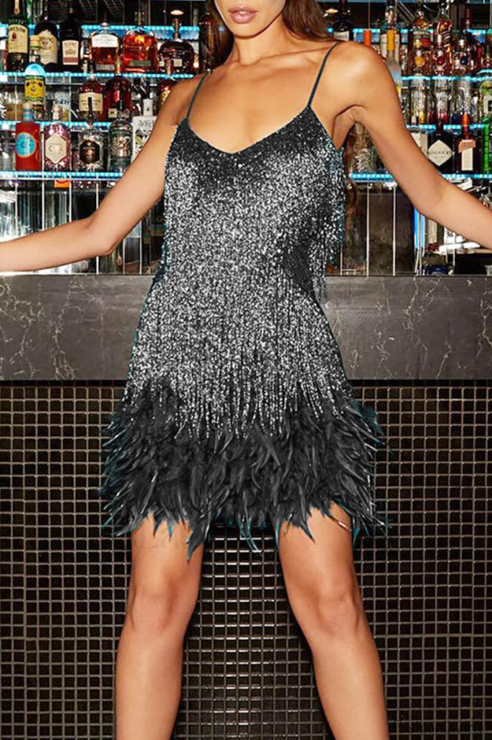 Yvonne Sequin Stylish Feather Cocktail Dress S / Black