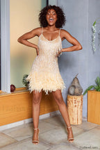 Yvonne Sequin Stylish Feather Cocktail Dress S / Champagne