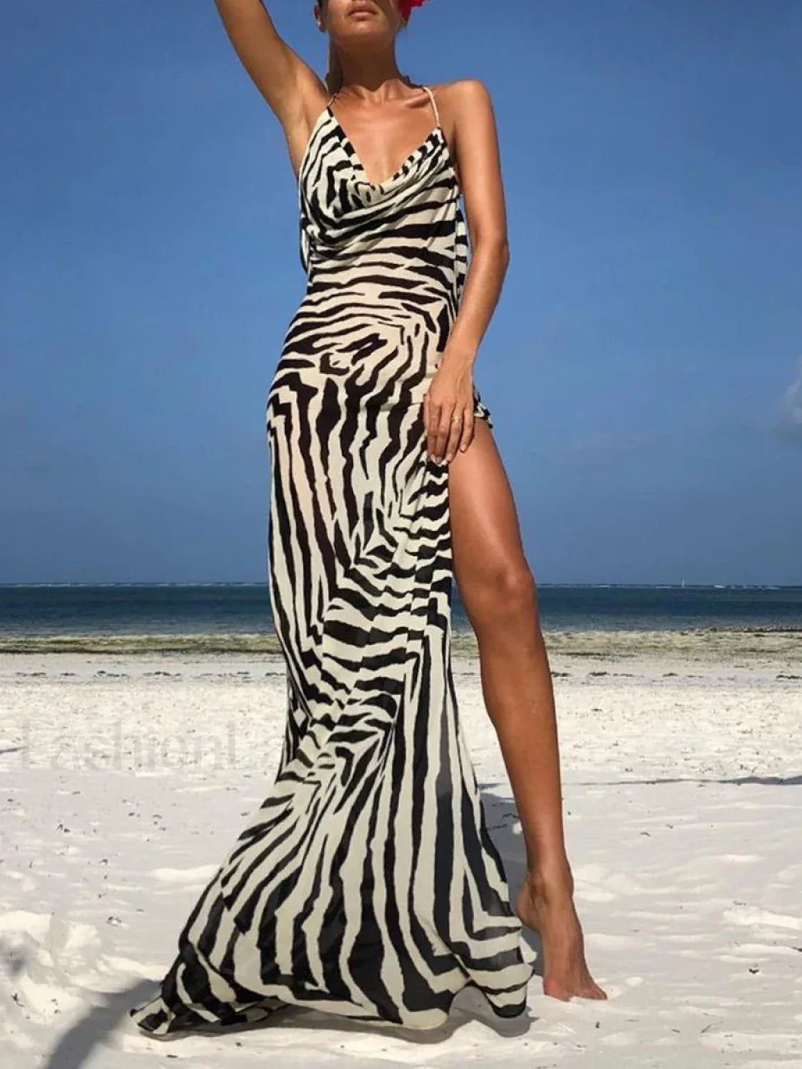 Zebra/Leopard Print Backless Split Cover Ups BLACK / S Main image