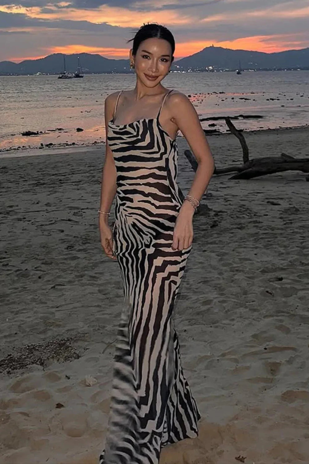 Zebra Print Backless Strappy Slim Floral Dress Secondary image