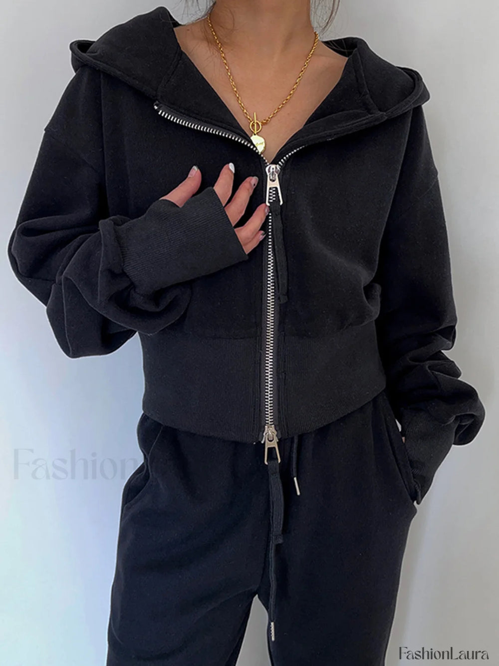 Zip Up Graceful Crop Hoodie Black / S Sweatshirts & Hoodies L