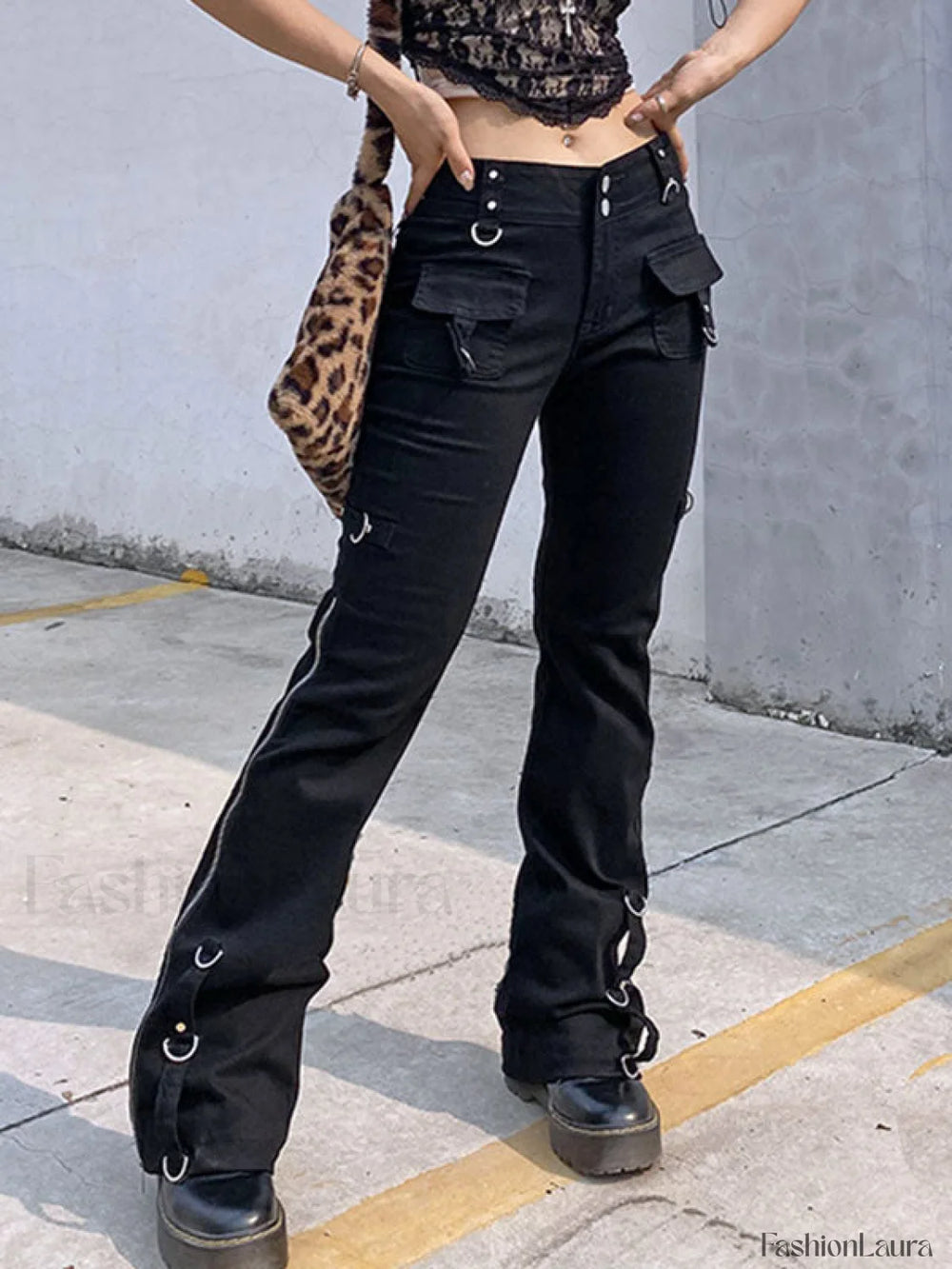 Zipper Design Low Waist Flare Cargo Jeans Cargo Jeans