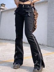 Zipper Design Low Waist Flare Cargo Jeans Cargo Jeans