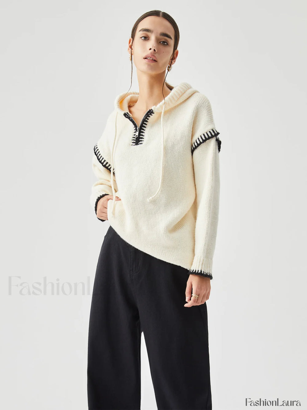 Zippered Hooded Graceful Contrast Trim Sweater Sweaters L