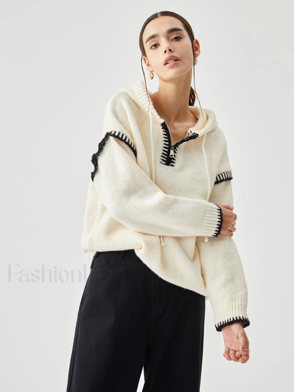 Zippered Hooded Graceful Contrast Trim Sweater Sweaters L