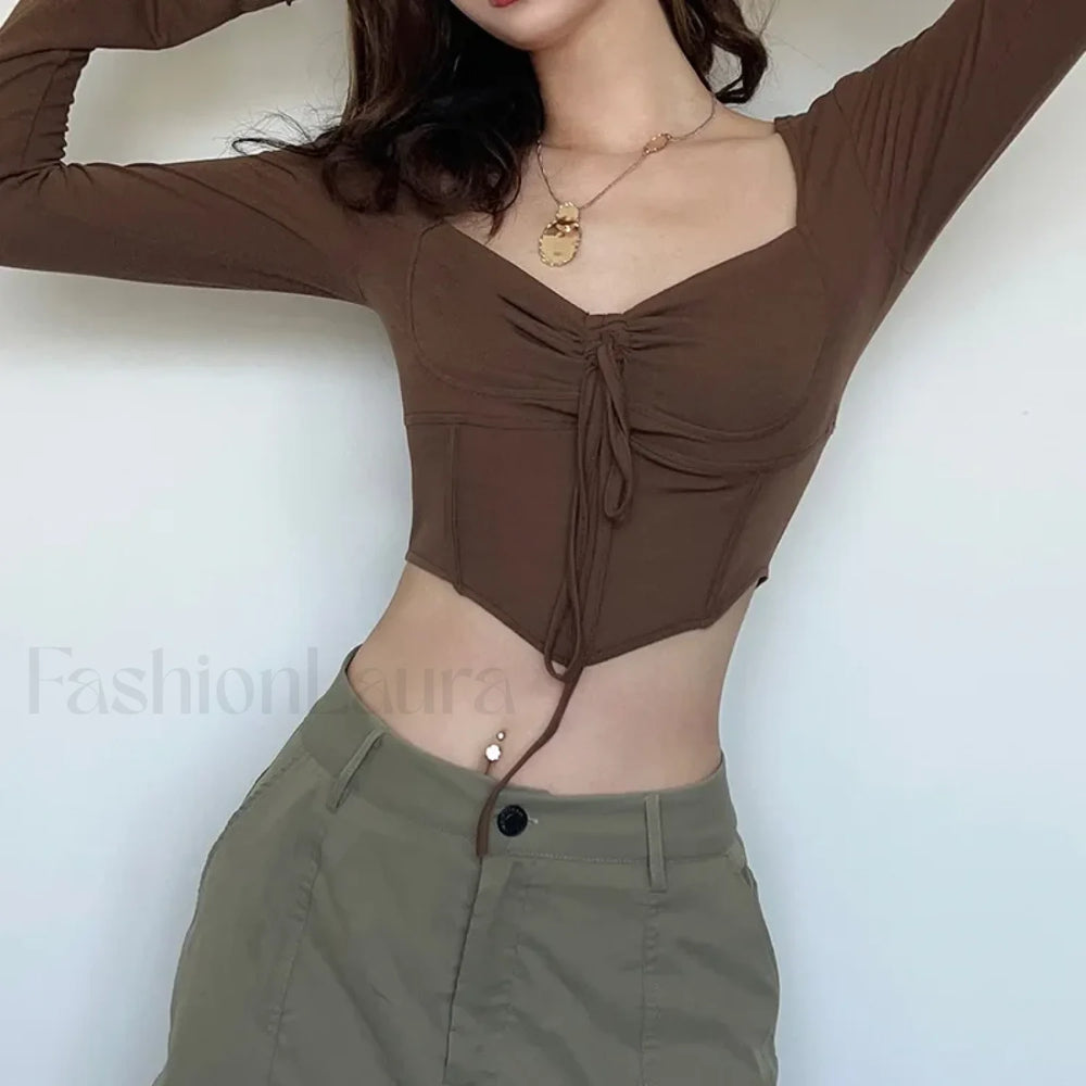 Zoki Y2k Cropped Flare Sleeve Sexy T shirt brown / One Size