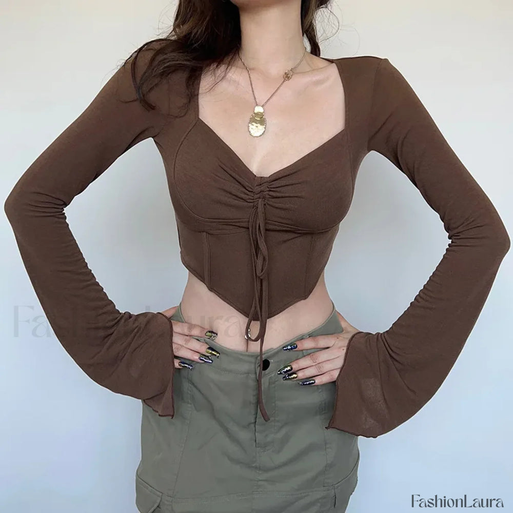Zoki Y2k Cropped Flare Sleeve Sexy T shirt brown / One Size