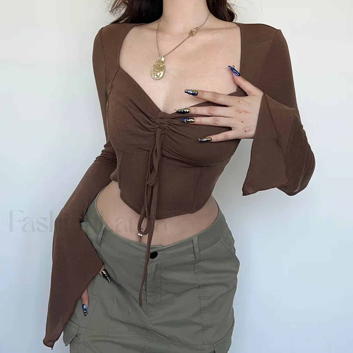 Zoki Y2k Cropped Flare Sleeve Sexy T shirt brown / One Size Main image