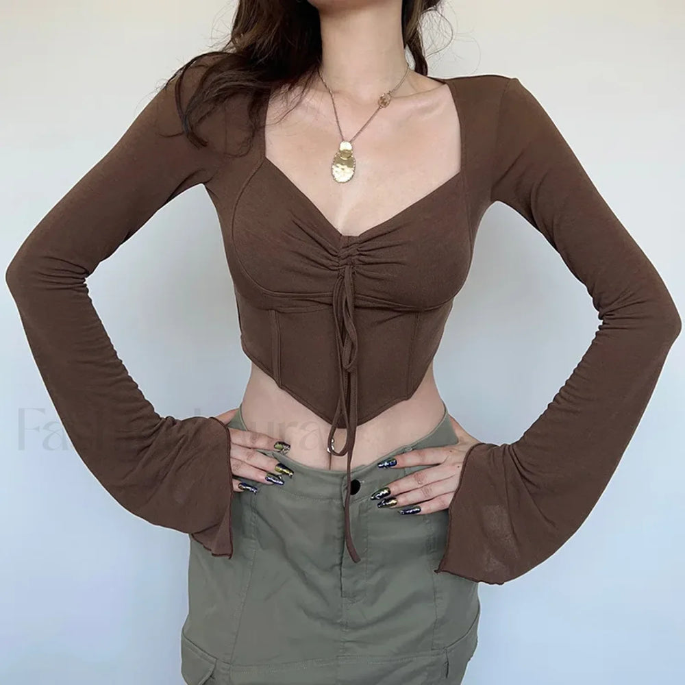 Zoki Y2k Cropped Flare Sleeve Sexy T shirt brown / One Size